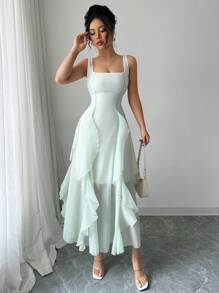 Selianne 新款宽肩女式绿色网眼荷叶边下摆轻便休闲连衣裙，漂亮优雅轻便优质度假婚礼宾客派对节日装，修身修身 - 綠色 - 查看 3