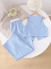 SHEIN Ensemble élégant et mode de couleur bloquée à rayures sans manches pour jeunes filles