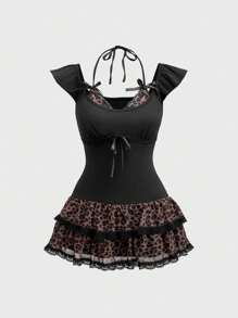 ROMWE Kawaii Vestido miniatura de 2 en 1 con estampado de leopardo y diseño de patchwork con volantes para Mujeres en estilo Hime Gyaru Y2K Shibuya Gal