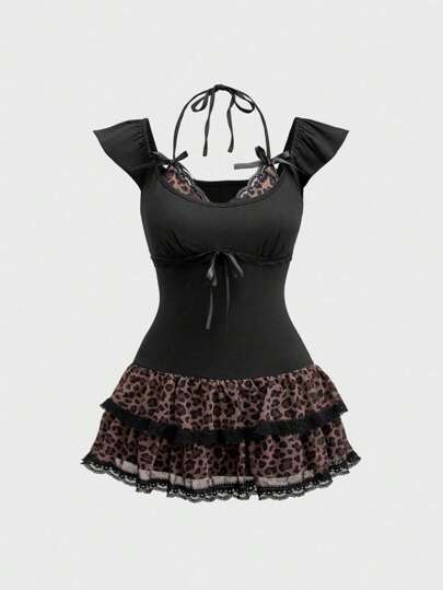 Kawaii Hime Gyaru Y2K Shibuya Gal 2 In 1 Leopard Print Patchwork Tiered Mini Dress For Women