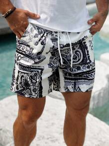 Manfinity Swimmode Men's Summer Vacation Paisley Print Drawstring Waist Beach Shorts, Hawaiian