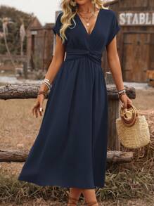 EMERY ROSE Women's Spring Summer Western Bohemian Holiday Style Casual Shirred Waist Gathered Twisted Back Shirred Dropped Shoulder Flared Sleeve Midi Dress