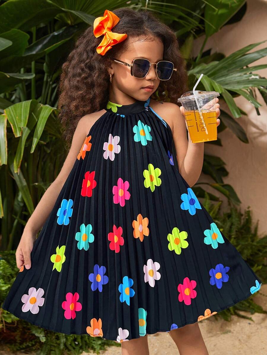 SHEIN Young Girl Woven Ditsy Floral Pattern Snug Fit Sleeveless Casual Dress - Black - View 1