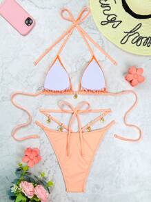 SHEIN Swim European & American Style Women Bikini Set, Cute Solid Color 2 Pieces Swimwear With Metal Decor, Summer Casual Holiday Beach Outfit - Dusty Pink - View 7