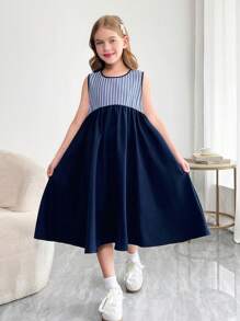SHEIN Leap Crew Tween Girls' Bowknot Back Striped Color Block Sleeveless Dress - Navy Blue - View 6