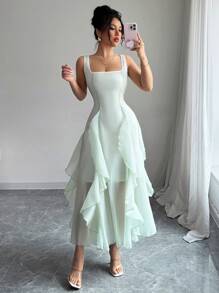 Selianne 新款宽肩女式绿色网眼荷叶边下摆轻便休闲连衣裙，漂亮优雅轻便优质度假婚礼宾客派对节日装，修身修身 - 綠色 - 查看 6