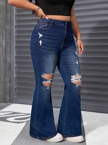 SHEIN ICON Plus Size Women Summer Navy Stretch Skinny Exaggerated Ripped Denim Flare Pants - Dark Wash - View 5