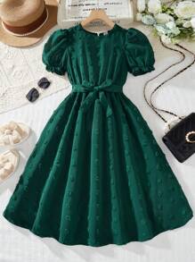 SHEIN Tween Girl Fuzzy Jacquard Lined Puff Sleeve Dress With Belt, Droplet Collar Casual Dress - Dark Green - View 4