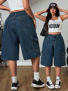 SHEIN ICON Loose Straight Washed Blue Utility Cargo Pants With Big Pockets - Dusty Blue - View 1