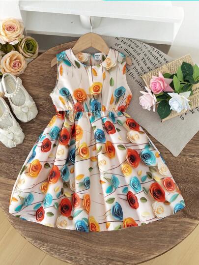 SHEIN 女童无袖花卉印花高腰连衣裙，时尚优雅，适合海滩、度假和休闲装，夏季