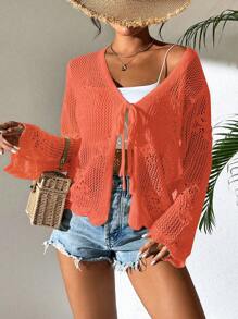 Breezaya Áo len cardigan dệt kim rỗng màu trơn đơn giản cho kỳ nghỉ - trái cam - Xem 6
