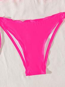 SHEIN Swim Women Summer Beach Solid Color Ruffle Halter Tie Front Sexy Pink Bikini Set, Triangle Cup - Hot Pink - View 4