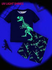 SHEIN Dozemod Kids Boy Glow-In-The-Dark Cartoon Dinosaur Print Round Neck Short Sleeve T-Shirt And Shorts Knit Soft Snug Fit Pajama Set, 2 Pieces - Black - View 1