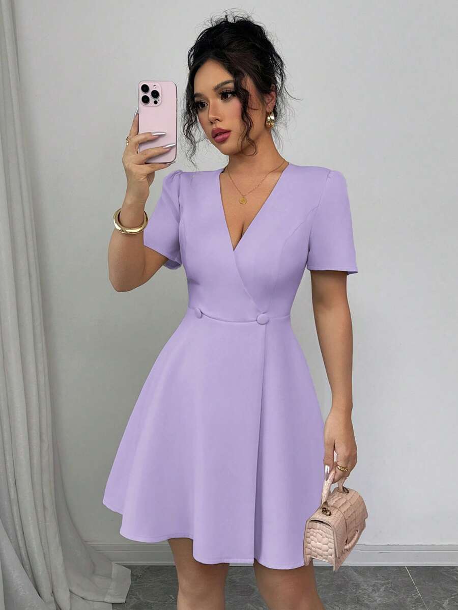 Elenzga Váy ngắn đi làm thanh lịch màu trơn cổ chữ V, chéo trước, hai hàng khuy, dành cho nữ, mùa xuân/hè - Màu tím - Xem 1