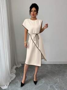 Elenzga French Minimalist 2025 Spring/Summer Loose Waist-Tied Asymmetrical Dress, High-Quality Mandarin Collar - Apricot - View 4