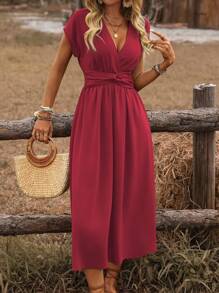 EMERY ROSE Women's Cross Shirred Cinched Waist Knot Back Drop Shoulder A-Line Midi Dress, Casual Boho Vacation Style, Spring/Summer