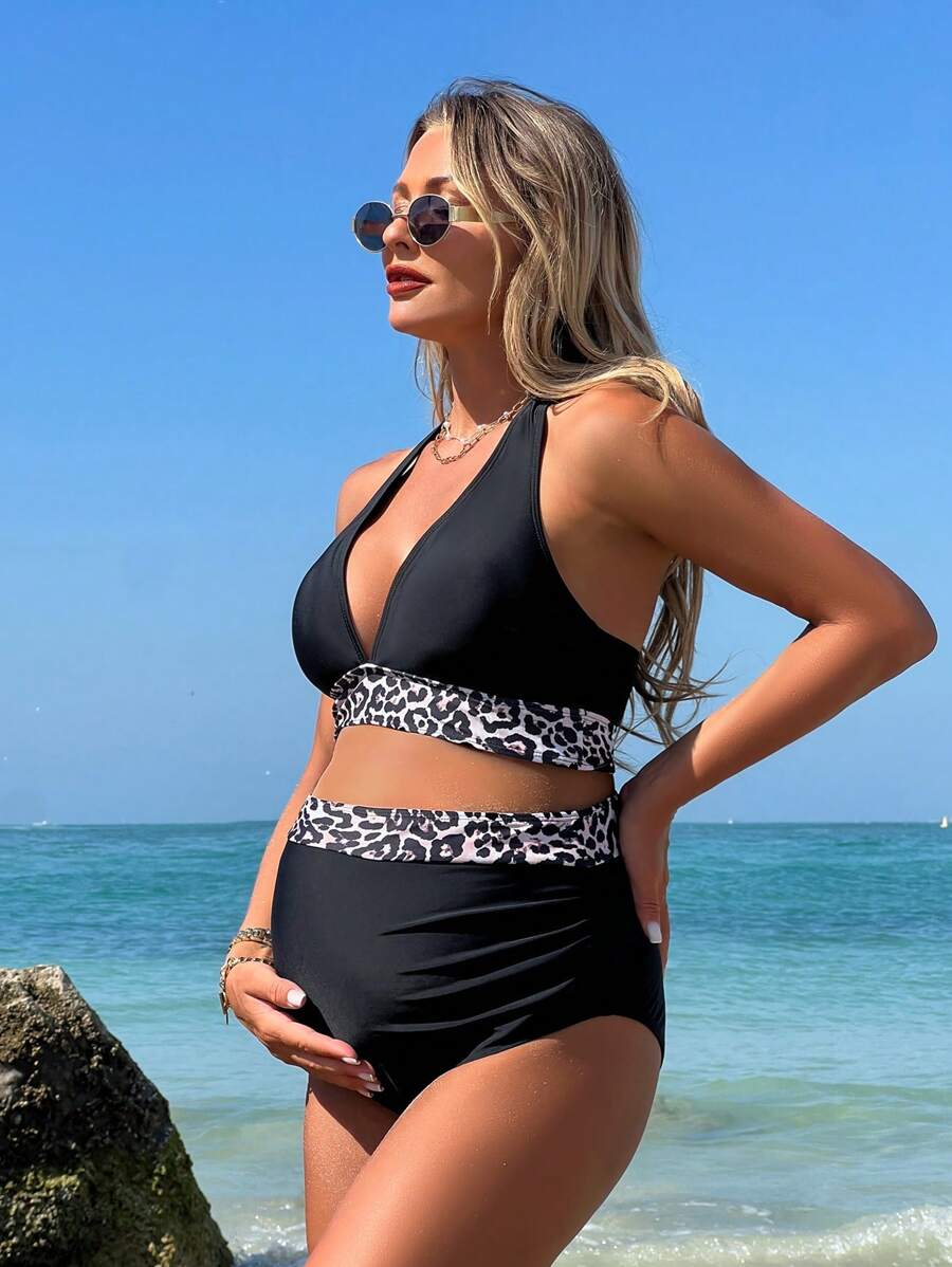 SHEIN Pregnant Women Leopard Print Halter Backless Bikini Two Pieces Swimwear Set For Summer Beach Vacation
