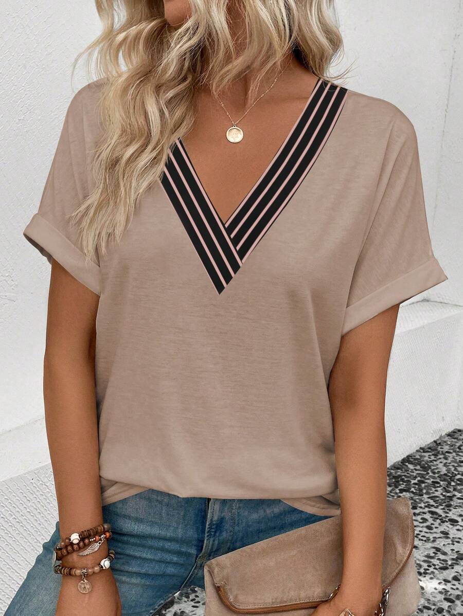 SHEIN VCAY Women's Contrast Stripe V-Neck Short Sleeve Rolled Cuff Casual Versatile T-Shirt, Spring/Summer - Multicolor - View 1