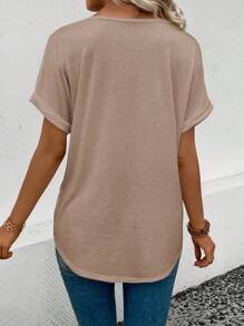 SHEIN VCAY Women's Contrast Stripe V-Neck Short Sleeve Rolled Cuff Casual Versatile T-Shirt, Spring/Summer - Multicolor - View 2