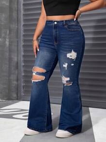 SHEIN ICON Plus Size Women Summer Navy Stretch Skinny Exaggerated Ripped Denim Flare Pants - Dark Wash - View 3