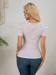 SHEIN Pregnant Women Striped Round Neck Short Puff Sleeve Casual Versatile T-Shirt - White - View 2