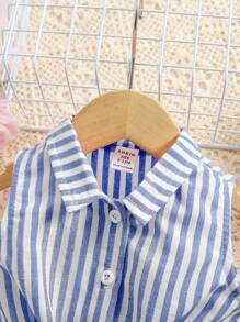 SHEIN Babygirl 可爱百搭条纹扭结无袖上衣，夏季 - 藍白色 - 查看 5