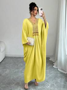 Elenzga Drop Shoulder Linen Long Dress With Gold Neckline - Yellow - View 4