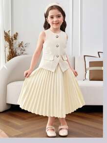 SHEIN 2pcs Set Young Girl Elegant Sleeveless Blazer Vest & Pleated Skirt Suit,Mom And Daughter & Sisters Matching Style Matching