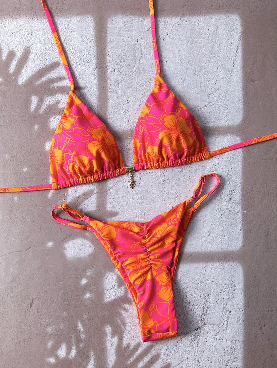 Swim Mod 2pcs Women Random Floral Print Spaghetti Strap Sexy Bikini Set, Summer - Multicolor - View 1