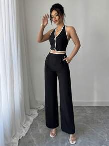 Selianne 2件套女士简约装饰单扣吊带上衣和裤子通勤套装 - 黑色 - 查看 5