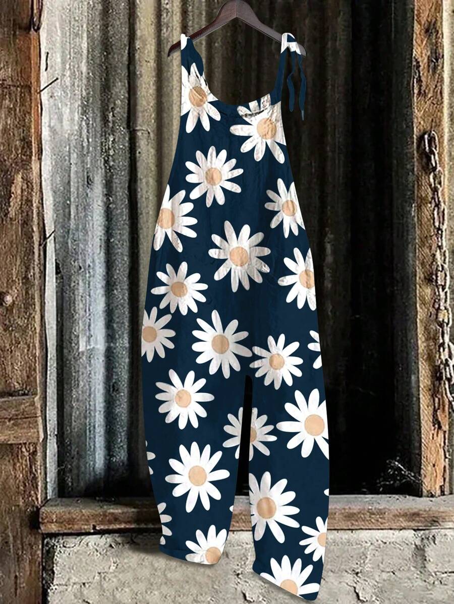 EMERY ROSE Women's Summer Casual Floral Print Tie-Shoulder Jumpsuit - Navy Blue - View 1