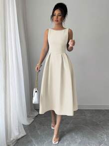 Elenzga Váy midi chữ A trễ vai thanh lịch cho nữ, thích hợp để đi làm, trà chiều, tiệc tùng, mùa xuân/hè - Màu be - Xem 4