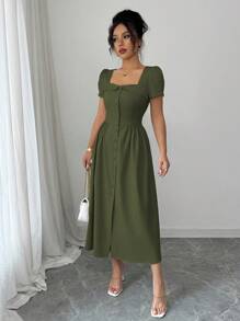 Elenzga Women's Elegant Commuting Trapezoid Collar, Cuff, Button Decoration, Waist-Cinched, A-Line, Slit Hem Long Sleeve Dress, Spring/Summer - Army Green - View 6