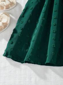 SHEIN Tween Girl Fuzzy Jacquard Lined Puff Sleeve Dress With Belt, Droplet Collar Casual Dress - Dark Green - View 6