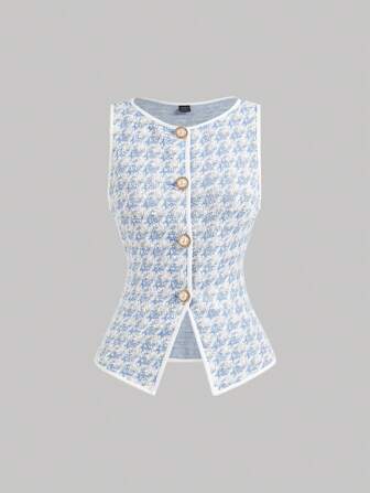 SHEIN MOD 1 Stück Damen Hahnentritt-Einreihige Vintage Strickweste