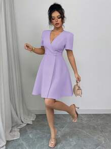 Elenzga Váy ngắn đi làm thanh lịch màu trơn cổ chữ V, chéo trước, hai hàng khuy, dành cho nữ, mùa xuân/hè - Màu tím - Xem 7