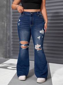 SHEIN ICON Plus Size Women Summer Navy Stretch Skinny Exaggerated Ripped Denim Flare Pants - Dark Wash - View 6