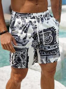 Manfinity Swimmode Men's Summer Vacation Paisley Print Drawstring Waist Beach Shorts, Hawaiian