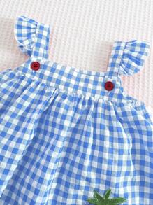 Cozy Pixies Baby Girl Strawberry Pattern Square Neck Ruffle Hem Cinched Waist Sleeveless Dress - Blue - View 5