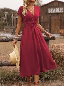 EMERY ROSE Women's Cross Shirred Cinched Waist Knot Back Drop Shoulder A-Line Midi Dress, Casual Boho Vacation Style, Spring/Summer