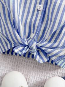 SHEIN Babygirl 可爱百搭条纹扭结无袖上衣，夏季 - 藍白色 - 查看 6