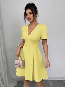 Elenzga Women's Elegant Solid Color French Commute V-Neck Double-Breasted Decorative Big A-Line X-Shaped Short Sleeve Short Dress, Spring/Summer - Yellow - View 4