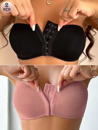 2 Pcs Women's Front Closure Padded Bra Set, Multi-Colors