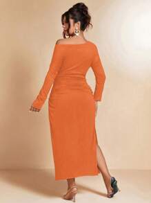 Cravure Women Plus Size Solid Color Asymmetric Neck Elegant Dress - Orange - View 2