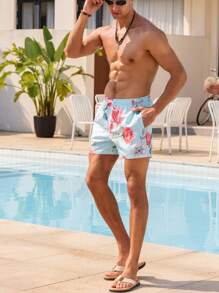 Surfspeed Men's Floral Print Pocketed Drawstring Waist Beach Shorts, Suitable For Summer - Baby Blue - View 7
