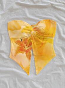 Soleia 女士休闲简约黄色花卉印花上衣，夏季 - 黃色 - 查看 3