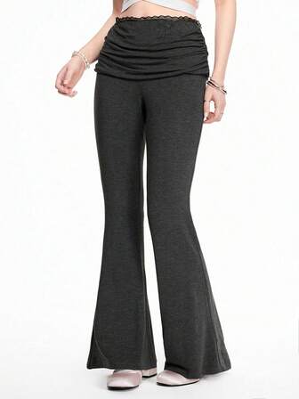 Kawaii Vintage Y2K Low Waist Lace Patchwork Ruched Design Women Skinny Flare Pants, Versatile Homewear