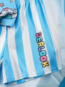 SEALOOK X SHEIN Conjunto de 2 piezas para niño pequeño con camiseta azul con diseño de foca y estrella de mar del mundo acuático y shorts de rayas azules y blancas para playa de verano - Azul - Ver 5