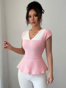 Elenzga Regata Preta Slim Fit Cintura Marcada Estilo Elegante Francês para Mulheres - Rosa chiclete - Visão 6