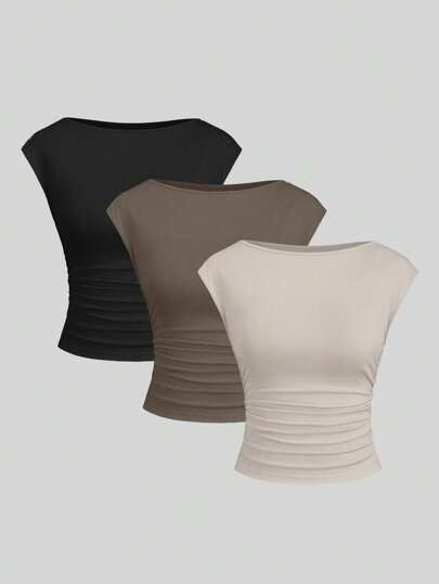 Sweetra 3pcs/Set Sexy Cut-Out Back Breathable Moisture Wicking Fitted Short Sleeve Women Top/Tee Set